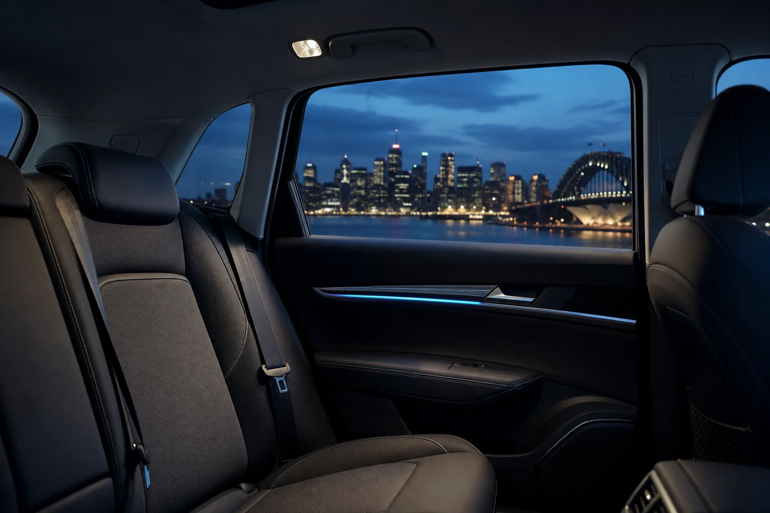 Quiet premium vehicle interior overlooking Sydney at blue hour